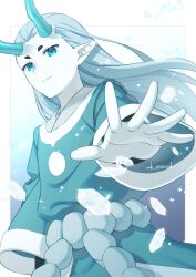 Rule 34 | 1boy, ar (rikuesuto), blue eyes, blue hair, chinese clothes, closed mouth, colored skin, forehead, horns, long hair, long sleeves, luo xiaohei zhanji, pointy ears, shirt, solo, white skin, xuhuai (the legend of luoxiaohei)