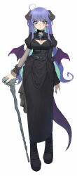 Rule 34 | 1girl, :&lt;, absurdres, aqua nails, asymmetrical sleeves, black dress, black footwear, blush stickers, boots, breasts, cane, cleavage cutout, closed mouth, clothing cutout, cowlick, dragon wings, dress, frilled cuffs, full body, green eyes, grey horns, highres, holding, holding cane, horns, juliet sleeves, long hair, long sleeves, looking at viewer, low wings, medium breasts, original, oyasumi guu guu, pencil dress, puffy sleeves, purple hair, purple tail, purple wings, simple background, skull, solo, white background, wings