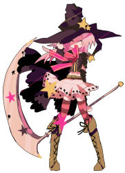Rule 34 | 1girl, :d, adjusting clothes, adjusting headwear, arm at side, belt, black cape, black hat, boots, brown belt, brown footwear, cape, closed eyes, crop top, cross-laced footwear, fold-over boots, full body, hair between eyes, hat, holding, holding scythe, magia record: mahou shoujo madoka magica gaiden, mahou shoujo madoka magica, medium hair, midriff, miniskirt, misono karin, navel, open mouth, pink ribbon, pink thighhighs, print skirt, purple hair, purple thighhighs, ribbon, scythe, sidelocks, simple background, skirt, smile, solo, standing, star (symbol), star print, striped clothes, striped thighhighs, thighhighs, thighhighs under boots, two-tone thighhighs, usagi nui, white background, white skirt, witch hat, zettai ryouiki