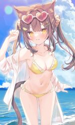 Rule 34 | 1girl, absurdres, animal ear fluff, animal ears, arm up, bikini, bikini under clothes, blue sky, breasts, brown hair, cat ears, cat girl, cat tail, cleavage, closed mouth, cloud, cloudy sky, collarbone, commentary request, day, eyewear on head, frilled bikini, frills, hair ornament, hair scrunchie, heart, heart-shaped eyewear, highres, hoshi (snacherubi), long hair, long sleeves, looking at viewer, medium breasts, nail polish, navel, open clothes, open shirt, original, outdoors, red-tinted eyewear, scrunchie, shirt, sky, sleeves past wrists, smile, solo, sunglasses, swimsuit, tail, tinted eyewear, twintails, water, white-framed eyewear, white scrunchie, white shirt, yellow bikini, yellow eyes, yellow nails