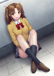 Rule 34 | 1girl, 2021, black legwear, blush, bow, bowtie, breasts, brown eyes, brown footwear, brown hair, buttons, cardigan, collared shirt, commentary, crossed legs, dated, flying sweatdrops, grey skirt, hugging own legs, loafers, long hair, long sleeves, mixed-language commentary, miyai sen, on floor, open mouth, parted bangs, pleated skirt, red bow, red bowtie, school uniform, shirt, shoes, sidelocks, sitting, skirt, small breasts, smile, solo, thighs, tsukihime, tsukihime (remake), two side up, uniform, white shirt, yellow cardigan, yumizuka satsuki