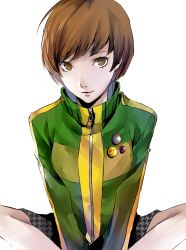 Rule 34 | arm support, breasts, brown eyes, brown hair, commentary, eyelashes, feet out of frame, green jacket, grey skirt, highres, indian style, jacket, leaning forward, long sleeves, looking at viewer, medium breasts, persona, persona 4, pertex 777, pin, satonaka chie, school uniform, shadow, short hair, simple background, sitting, skirt, track jacket, white background, yasogami school uniform, zipper