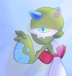 Rule 34 | 1girl, arm up, back bow, blue background, blue eyes, blue gemstone, blue horns, blue skin, bob cut, bow, closed mouth, colored sclera, colored skin, creatures (company), dot mouth, expressionless, female focus, flat chest, froslass, fusion, game freak, gardevoir, gem, gen 3 pokemon, gen 4 pokemon, hair over one eye, half-closed eyes, horns, looking at viewer, multicolored hair, multicolored skin, nintendo, one eye covered, pokemon, pokemon (creature), purple hair, red bow, short hair, simple background, solo, standing, two-tone hair, upper body, white skin, yellow sclera, yuri (fl0werspace)