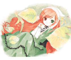 Rule 34 | 00s, 1girl, arm garter, black ribbon, bonnet, brown hair, clenched hands, dress, green dress, green eyes, heterochromia, leaf, long hair, long sleeves, looking at viewer, neck ribbon, nyoi, red eyes, ribbon, rozen maiden, solo, suiseiseki, very long hair