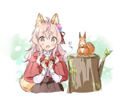 Rule 34 | 1girl, 1other, animal ears, apple, brown skirt, capelet, commentary request, fang, food, food on face, fruit, hair between eyes, holding, holding food, holding fruit, log, looking at viewer, medium hair, nut (food), open mouth, orange eyes, original, pink hair, red capelet, shirt, simple background, skin fang, skirt, solo, squirrel, standing on object, tail, wataame27, wavy hair, white shirt, wolf-chan (wataame27), wolf ears, wolf girl, wolf tail