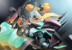 Rule 34 | 1girl, alternate costume, blurry, blurry background, breasts, cape, colored skin, feet, floating, floating hair, full body, grey skin, helmet, holding, holding helmet, large breasts, latice, lips, long hair, looking at viewer, midna, midna (true), nintendo, one eye covered, orange hair, ponytail, red eyes, smile, tattoo, the legend of zelda, the legend of zelda: twilight princess