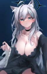 Rule 34 | 1girl, absurdres, ahoge, animal ear fluff, animal ears, armpit peek, bare shoulders, black choker, black dress, black jacket, blue archive, blue eyes, breasts, choker, cleavage, collarbone, cropped jacket, dress, extra ears, grey hair, hair ornament, halo, highres, jacket, large breasts, long hair, long sleeves, looking at viewer, mismatched pupils, no bra, off shoulder, open mouth, rei (9086), shiroko (blue archive), shiroko terror (blue archive), solo, strapless, strapless dress, very long hair, wide sleeves, wolf ears