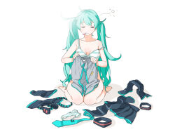 Rule 34 | 1girl, aqua hair, barefoot, black footwear, blue necktie, boots, unworn boots, bra, breasts, brushing teeth, unworn clothes, covering privates, detached sleeves, doushimasho, dressing, expressionless, fingernails, full body, half-closed eyes, hatsune miku, headset, long hair, medium breasts, necktie, no panties, nude, nude cover, panties, seiza, shadow, simple background, sitting, skirt, sleepy, solo, striped, sun, thigh boots, thighhighs, toothbrush, twintails, underwear, very long hair, vocaloid, white background