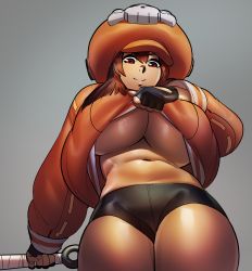 Rule 34 | 1girl, absurdres, black gloves, black shorts, breasts, brown eyes, brown hair, closed mouth, commentary, curvy, english commentary, fingerless gloves, from below, gloves, grey background, guilty gear, guilty gear strive, highres, holding, holding weapon, hood, hoodie, huge breasts, lifting own clothes, looking down, may (guilty gear), navel, no bra, orange headwear, orange hoodie, orange shirt, ph draw, shirt, short shorts, shorts, skull and crossbones, smile, stomach, thick thighs, thighs, underboob, weapon
