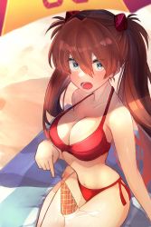 Rule 34 | 1girl, alternate breast size, alternate hairstyle, bare legs, beach, bikini, blue eyes, blush, bra, breasts, brown hair, cleavage, disgust, food, highres, ice cream, large breasts, lips, long hair, looking at another, looking at viewer, navel, neon genesis evangelion, red bikini, shiny skin, shirt, side-tie bikini bottom, sitting, souryuu asuka langley, sweat, swimsuit, twintails, two side up, underwear, upper body, water, wet, wet clothes, wet shirt, wide hips, yakankome