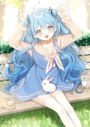 Rule 34 | 1girl, :d, animal, animal on lap, arms up, bad id, bad pixiv id, bench, blue dress, blue hair, blue ribbon, blush, brown shirt, commission, day, double w, dress, earrings, gradient hair, grass, grey eyes, hair between eyes, hair ribbon, haruri, head tilt, highres, jewelry, key, long hair, long sleeves, multicolored hair, neckerchief, on bench, on lap, open mouth, original, outdoors, park bench, rabbit, ribbon, shirt, sitting, sleeveless, sleeveless dress, sleeves past wrists, smile, solo, sparkle, sunlight, themed object, thighhighs, tree, two side up, very long hair, w, wavy hair, white neckerchief, white thighhighs