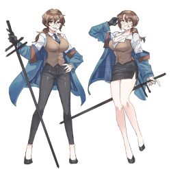 Rule 34 | 1girl, arm up, black footwear, black gloves, black pants, black skirt, blue jacket, blush, breasts, brown eyes, brown hair, brown vest, cleavage, full body, genderswap, genderswap (mtf), glasses, gloves, gregor (project moon), grin, highres, holding, holding sword, holding weapon, jacket, jewelry, kikkoinu, large breasts, limbus company, low ponytail, necklace, pants, parted bangs, pencil skirt, project moon, shoes, simple background, single glove, skirt, smile, sword, vest, weapon, white background, zweihander