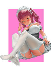 Rule 34 | 1girl, absurdres, alternate costume, blush, bracer, breasts, closed mouth, crossed legs, dress, enmaided, garter straps, girls&#039; frontline, hair ornament, highres, large breasts, legs, long hair, looking at viewer, maid, maid headdress, no shoes, panties, pantyshot, purple hair, saiga-12 (girls&#039; frontline), simple background, sitting, smile, solo, thigh strap, thighhighs, thighs, tongue, tongue out, twintails, underwear, urrrt, white panties, white thighhighs, yellow eyes