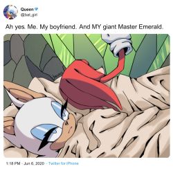 Rule 34 | 1boy, 1girl, 500 dollar four foot tall mareep (meme), animal ears, artist name, bat ears, blue eyes, commentary, english commentary, english text, eyelashes, closed eyes, fake screenshot, furry, furry female, furry male, furry with furry, gloves, halterneck, highres, kjeevass, knuckles the echidna, looking up, lying, master emerald, meme, hugging object, parody, rouge the bat, sonic (series), twitter, unamused, under covers, user interface