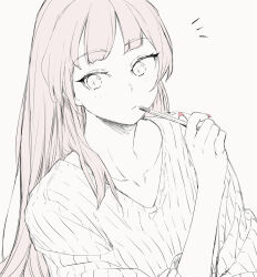 Rule 34 | 1girl, cei (sohin), closed mouth, collarbone, greyscale, hand up, holding, holding pencil, long hair, long sleeves, looking to the side, monochrome, original, pencil, pink nails, sidelocks, sohin, solo, spot color, sweater, upper body, v-neck