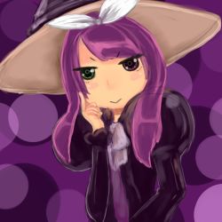 Rule 34 | 1girl, dress, duel monster, female focus, hat, heterochromia, highres, madolche, madolche magileine, madolche majoleine, purple hair, solo, upper body, witch hat, yu-gi-oh!