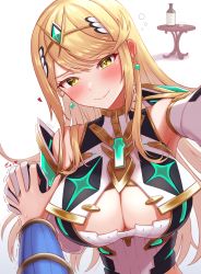 Rule 34 | absurdres, bare shoulders, blonde hair, breasts, chest jewel, cleavage, cleavage cutout, clothing cutout, dress, drunk, earrings, elbow gloves, gloves, highres, jewelry, large breasts, long hair, mythra (xenoblade), rex (xenoblade), short dress, squeans, swept bangs, taro (peach taro51), tiara, very long hair, white dress, white gloves, xenoblade chronicles (series), xenoblade chronicles 2, yellow eyes