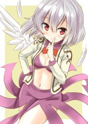 Rule 34 | 1girl, adapted costume, albino, angel wings, bra, breasts, cleavage, feathers, finger to mouth, jacket, kishin sagume, long sleeves, looking at viewer, midriff, navel, open clothes, open jacket, pink bra, red eyes, shimouki izui, shushing, silver hair, single wing, skirt, smile, solo, thighs, touhou, underwear, wings