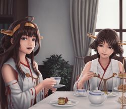 Rule 34 | 2girls, ahoge, black eyes, bookshelf, brown hair, cup, curtains, dessert, detached sleeves, double bun, durian12, flipped hair, food, hair bun, hairband, headgear, hiei (kancolle), highres, holding, holding cup, holding saucer, kantai collection, kongou (kancolle), multiple girls, nontraditional miko, open mouth, realistic, ribbon-trimmed sleeves, ribbon trim, saucer, short hair, signature, smile, spoon, table, teacup, teapot, window