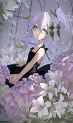 Rule 34 | 1girl, :d, absurdres, aether (genshin impact), ai dongdong, alternate costume, bare back, black dress, bracelet, cage, collarbone, commentary request, dress, field, flower, flower field, frilled dress, frills, from side, genshin impact, gradient hair, green eyes, hair between eyes, hair ornament, head tilt, highres, holding hands, jewelry, leaf hair ornament, long hair, looking at viewer, looking to the side, multicolored hair, nahida (genshin impact), open mouth, out of frame, parted lips, pointy ears, pov, pov hands, reaching, reaching towards viewer, ring, side ponytail, sidelocks, sleeveless, smile, spaghetti strap, streaked hair, symbol-shaped pupils, tearing up, two-tone hair, white hair