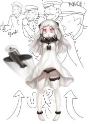 Rule 34 | 10s, 1girl, absurdres, abyssal admiral (kancolle), abyssal ship, admiral (kancolle), aircraft, airplane, anklet, barefoot, black panties, blush, clothes lift, collar, colored skin, d:, dress, dress lift, full body, fuuko chan, gaijin 4koma (meme), highres, jewelry, kantai collection, long hair, meme, northern ocean princess, open mouth, pale skin, panties, pantyshot, pigeon-toed, red eyes, simple background, solo focus, standing, underwear, white background, white dress, white hair, white skin, wind, wind lift