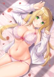 Rule 34 | 1girl, absurdres, arm up, artist name, bare shoulders, bed sheet, black ribbon, blonde hair, blush, bow, bow bra, bow panties, bra, breasts, cleavage, commentary request, cowboy shot, falling petals, fingernails, floral print, green eyes, hair ribbon, hand on own head, hand up, highres, lace, lace-trimmed bra, lace trim, large breasts, light particles, long hair, long sleeves, looking at viewer, lying, multi-strapped panties, navel, no pants, off shoulder, on back, open clothes, open shirt, original, panties, parted lips, petals, pinesphere, pink bow, pink bra, pink panties, print bra, print panties, ribbon, shade, shadow, shirt, sidelocks, sleeves past wrists, solo, stomach, string panties, striped ribbon, twintails, underwear, white shirt, window shadow