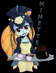 Rule 34 | 1girl, apron, blue skin, blush, coffee, colored sclera, colored skin, cup, fins, fish girl, hair ornament, head fins, highres, minette (skullgirls), monster girl, pink eyes, scales, shell, skullgirls, smile, solo, squiby-327, thighhighs, tray, waitress, yellow sclera
