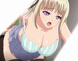Rule 34 | 1boy, 1girl, animated, animated gif, arm grab, arm held back, bent over, black thighhighs, blonde hair, bouncing breasts, bra, breasts, cleavage, clothed sex, collarbone, cowboy shot, eyebrows, fuyutsuki shiori, hetero, jk to ero konbini tenchou, large breasts, moaning, open mouth, pleated skirt, poro, purple eyes, sex, short hair, skirt, skirt around belly, solo focus, stitched, strap slip, striped bra, striped clothes, thighhighs, third-party edit, underwear