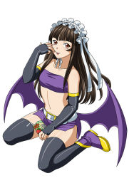 Rule 34 | 1girl, bat wings, black thighhighs, breasts, brown hair, cosplay, costume, demon girl, female focus, full body, ikkitousen, legs, long hair, looking at viewer, maid headdress, official art, orange eyes, shiny clothes, shoes, simple background, solo, ten&#039;i (ikkitousen), thighhighs, tongue, white background, wings