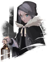 Rule 34 | 1girl, akamiso (k074510), aqua eyes, birdcage, black cloak, cage, cloak, commentary request, fate/grand order, fate (series), fur-trimmed cloak, fur trim, gray (fate), grey hair, hair between eyes, highres, holding, holding cage, hood, hood up, hooded cloak, looking at viewer, lord el-melloi ii case files, open mouth, parted lips, ribbon, short hair, solo, white ribbon
