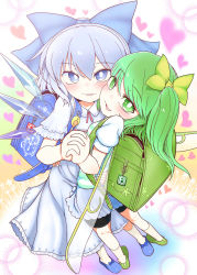 Rule 34 | backpack, bag, blue eyes, blue footwear, blue hair, blush, bow, bright pupils, cheek-to-cheek, cirno, crime prevention buzzer, daiyousei, dress, from above, full body, green eyes, green footwear, green hair, hair bow, heads together, highres, hug, ice, ice wings, interlocked fingers, looking at viewer, randoseru, smile, standing, touhou, white pupils, wings, yassy, yuri