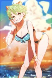 Rule 34 | 1girl, animal ears, atelier (series), atelier shallie, bent over, bikini, blue bikini, blush, bracelet, breasts, cat ears, cleavage, cloud, commentary request, feet out of frame, green eyes, green hair, grin, hand on own leg, hand up, highres, jewelry, kino te, large breasts, leaning forward, looking at viewer, navel, ocean, official alternate costume, outdoors, polka dot, polka dot bikini, shallotte elminus, short hair, smile, solo, standing, swimsuit, water