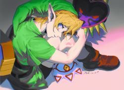Rule 34 | 1boy, artist name, belt, blonde hair, blue eyes, boots, brown footwear, dated, dele14375735, full body, green headwear, green tunic, hat, highres, holding, holding mask, hugging own legs, link, looking at viewer, male focus, mask, nintendo, parted lips, pointy ears, short hair, short sleeves, shoulder belt, sitting, skull kid, the legend of zelda, the legend of zelda: majora&#039;s mask