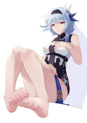 Rule 34 | 1girl, absurdres, bare shoulders, barefoot, black hairband, blue hair, chan sang, eula (genshin impact), eyelashes, feet, foot focus, foreshortening, genshin impact, hair ornament, hairband, highres, legs, short hair, simple background, smile, solo, toe scrunch, toenails, toes, white background