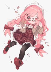 Rule 34 | 1girl, absurdres, beret, blush, bow, braid, breasts, chibi, cleavage, commentary, dress, english commentary, glasses, hair bow, hat, highres, long hair, looking at viewer, medium breasts, mole, mole on breast, nemui mori, nini yuuna, nini yuuna (3rd costume), open hand, open mouth, pantyhose, plaid, plaid dress, red dress, red footwear, solo, tsunderia, twin braids, twitter username, very long hair, virtual youtuber, watermark, white footwear