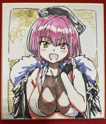 Rule 34 | black gloves, breast hold, breasts, cleavage, commentary request, fingerless gloves, fur-trimmed jacket, fur trim, gloves, hat, heterochromia, highres, hololive, houshou marine, jacket, jacket on shoulders, large breasts, marker (medium), medium hair, open mouth, photo (medium), red eyes, red hair, see-through, see-through cleavage, shiwasu no okina, signature, smile, traditional media, underwear, virtual youtuber, yellow eyes