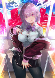 Rule 34 | 10s, 1girl, :q, black pantyhose, bra, breasts, button gap, cleavage, cloud, desk, gridman universe, hand on own chest, highres, jacket, large breasts, light purple hair, looking at viewer, pantyhose, pink eyes, purple jacket, ribbon, school desk, school uniform, shinjou akane, shirt, short hair, skirt, sky, solo, ssss.gridman, tongue, tongue out, underwear, unzipped, white shirt, window, yuu (asaiyuji)