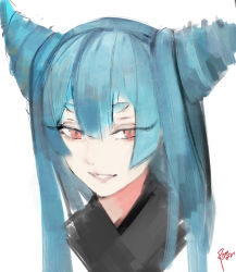Rule 34 | 1girl, ayashimon, blue hair, hair between eyes, highres, light blue hair, long eyelashes, looking at viewer, moedredd, red eyes, simple background, slit pupils, smile, solo, white background