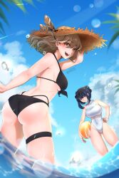 Rule 34 | 2girls, ass, ball, beachball, bikini, black bikini, blue eyes, blue hair, blush, breasts, brown eyes, brown hair, covered navel, day, eyewear on head, feathers, hair intakes, hair up, halterneck, hat, highleg, highleg swimsuit, highres, hololive, hololive english, large breasts, looking at viewer, medium breasts, minxei, multicolored hair, multiple girls, nanashi mumei, one-piece swimsuit, open mouth, ouro kronii, outdoors, short hair, sky, smile, straw hat, streaked hair, string bikini, summer, sun hat, sunglasses, swimsuit, teeth, thigh strap, turtleneck, turtleneck one-piece swimsuit, upper teeth only, virtual youtuber, wading, water, white one-piece swimsuit