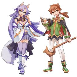 Rule 34 | 1boy, 1girl, animal ears, blue eyes, book, boots, breasts, brown eyes, brown hair, cape, cleavage, eyebrows, fox ears, fox tail, full body, geetgeet, inaria izina, long hair, open mouth, pleated skirt, ponytail, pop-up story, purple hair, school uniform, simple background, skirt, smile, staff, tail, teacher (male) (pop-up story), white background