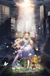 Rule 34 | 1girl, 1other, alice (alice in wonderland), alice in wonderland, animal, black bow, blonde hair, blue dress, blue eyes, blue flower, blurry, bow, bug, building, butterfly, city, cloud, dress, fajyobore, flower, flying, hair bow, hat, highres, holding, holding umbrella, insect, light rays, long hair, looking at viewer, original, pinafore dress, rabbit, red flower, road, sleeveless dress, standing, street, top hat, umbrella, walking, white flower, window, yellow flower