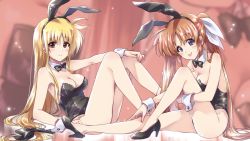 Rule 34 | 2girls, animal ears, bare legs, black footwear, black leotard, black neckwear, blonde hair, blue eyes, bow, bowtie, breasts, brown hair, commentary request, commission, detached collar, fake animal ears, fate testarossa, head tilt, high heels, highres, kuroi mimei, legs, leotard, long hair, looking at viewer, lyrical nanoha, mahou shoujo lyrical nanoha, mahou shoujo lyrical nanoha a&#039;s, medium breasts, multiple girls, playboy bunny, rabbit ears, rabbit tail, red eyes, sitting, skeb commission, strapless, strapless leotard, tail, takamachi nanoha, tongue, tongue out, twintails, wrist cuffs, zoom layer