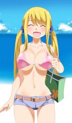 Rule 34 | 1girl, ^ ^, beach, bikini, blonde hair, blush, breasts, cleavage, closed eyes, closed eyes, fairy tail, female focus, gaston18, happy, highres, large breasts, long hair, lucy heartfilia, navel, open mouth, shorts, sky, smile, solo, standing, swimsuit, twintails