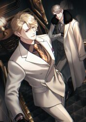 2boys absurdres axis_powers_hetalia blonde_hair coat coat_on_shoulders crossed_arms eyepatch facial_hair france_(hetalia) gloves goatee_stubble grey_hair hair_over_one_eye highres indoors long_sleeves looking_at_viewer male_focus multiple_boys necktie npyon on_stairs pants prussia_(hetalia) purple_eyes red_eyes scar scar_on_face shirt short_hair smile stairs stubble vest wavy_hair