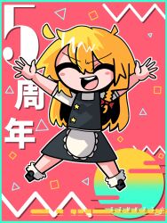 Rule 34 | 1girl, :d, apron, artist name, black footwear, black skirt, black vest, blonde hair, blush stickers, border, bow, braid, closed eyes, commentary request, cookie (touhou), egasumi, full body, green border, hair bow, highres, jumping, kirisame marisa, long hair, medium bangs, open mouth, puffy short sleeves, puffy sleeves, red background, red bow, shirt, shoes, short sleeves, single braid, skirt, skirt set, smile, socks, solo, suzu (cookie), sznkrs, teeth, touhou, upper teeth only, v-shaped eyebrows, vest, waist apron, white apron, white shirt, white socks