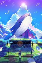 Rule 34 | 2girls, animal, bird, black hair, blue sky, brown hair, bus, chain-link fence, cloud, cloudy sky, commentary request, day, dress, facing away, fence, flying, from behind, grass, hands up, highres, long hair, motor vehicle, multiple girls, original, outdoors, oversized animal, sailor collar, scenery, school uniform, serafuku, shirt, shoes, short hair, short sleeves, skirt, sky, standing, thighhighs, tree, water, whale, white dress, white legwear, white shirt, yurang