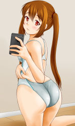 Rule 34 | 1girl, ass, brown hair, cellphone, commentary request, competition swimsuit, cowboy shot, grey one-piece swimsuit, highres, iphone, long hair, looking at viewer, looking back, one-piece swimsuit, original, phone, red eyes, smartphone, solo, standing, swimsuit, thick thighs, thighs, tk4, twintails