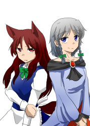 Rule 34 | 2girls, alternate costume, animal ears, apron, blue eyes, bow, braid, brooch, brown hair, collarbone, cosplay, costume switch, dress, enmaided, expressionless, fang, fang out, hair bow, holding another&#039;s arm, imaizumi kagerou, imaizumi kagerou (cosplay), izayoi sakuya, izayoi sakuya (cosplay), jewelry, juliet sleeves, layered dress, light smile, long hair, long sleeves, maid, maid apron, multiple girls, puffy sleeves, red eyes, sento (iroiro gottani), shawl, short hair, silver hair, simple background, touhou, twin braids, v arms, waist apron, white background, wolf ears