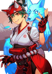 Rule 34 | 1girl, blue fur, bow, brown eyes, cowboy shot, facial mark, fingerless gloves, fox, fox mask, gloves, green hair, grin, hair bow, half mask, hungry clicker, japanese clothes, kimono, kiriko (overwatch), looking at viewer, mask, mount fuji, overwatch, overwatch 2, short ponytail, smile, solo