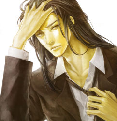 Rule 34 | 1990s (style), 1boy, black hair, final fantasy, final fantasy vii, formal, hand in own hair, long hair, looking at viewer, male focus, necktie, solo, suit, tetra takamine, tseng